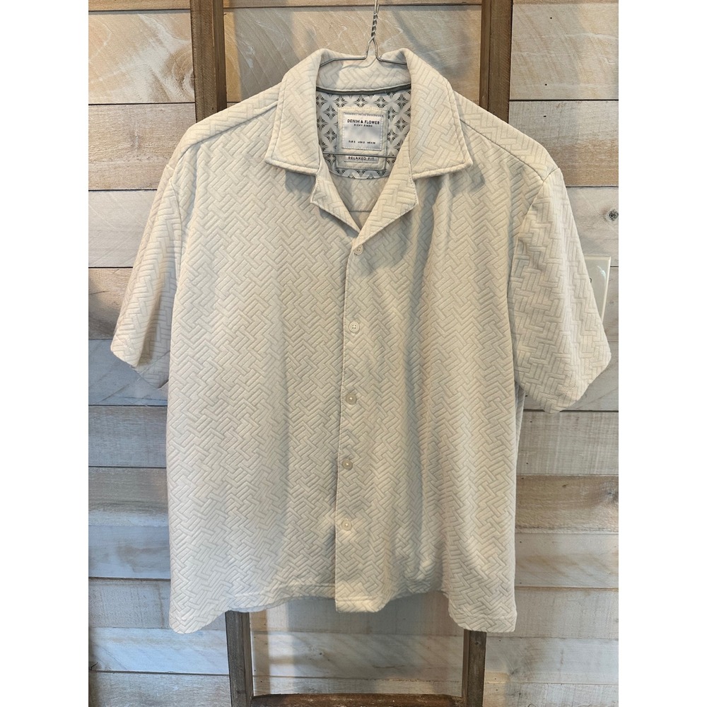Denim & Flower Ricky Singh Cream Textured Geometric Relaxed Fit Camp Shirt Small